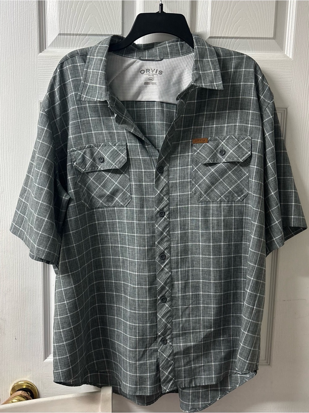 Orvis Short Sleeve Button Up Tech Shirt Gray and White Plaid Men’s Size XXL
